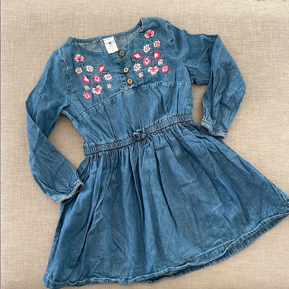 Denim Kids Dress with Floral Embroidery